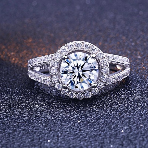 Silver Moissanite Solitaire Micro Pave Ring - Picture 2 of 8